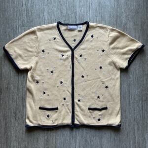 Vintage Christopher & Banks Butter Yellow/Navy Stars Short Sleeve Cardigan Sz L